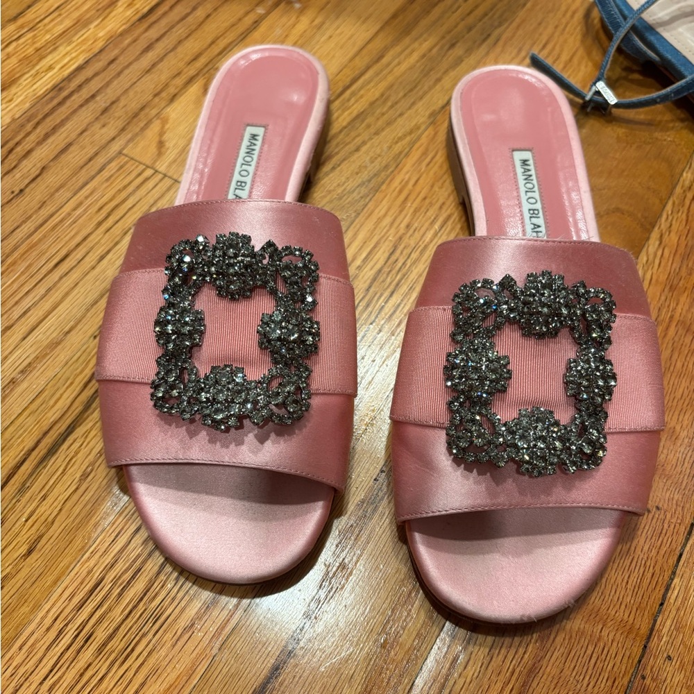 Manolo Blahnik Rose Satin Mules with Embellished Buckle